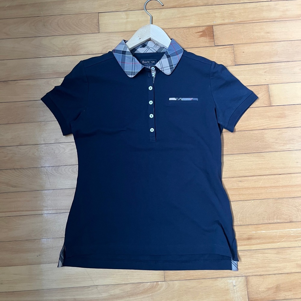 Barbour Womens Navy Blue Dress Tartan Trim Pique Polo Shirt Short Sleeve